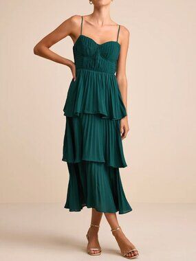 Lulus Cascading Crush Emerald Tiered Bustier Midi Dress Medium